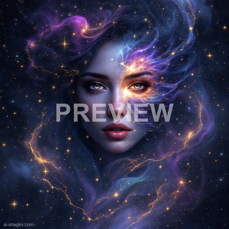 The image features a surreal and captivating depiction of a woman's face with luminous, glowing eyes, surrounded by a cosmic backdrop of stars and nebulae. Her face is partly enveloped by swirling, colorful clouds of purple, blue, and gold, resembling cosmic energy or nebulae, giving her an ethereal and otherworldly appearance. The intricate details suggest a blend of portrait photography and digital artistry, creating a mystical and celestial atmosphere.